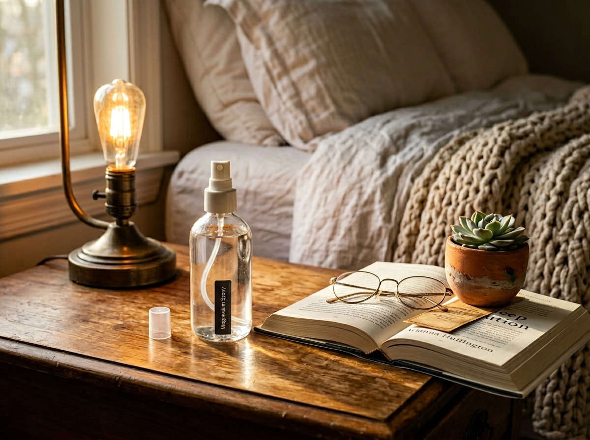Pure Placid Magnesium Spray on a bedside table