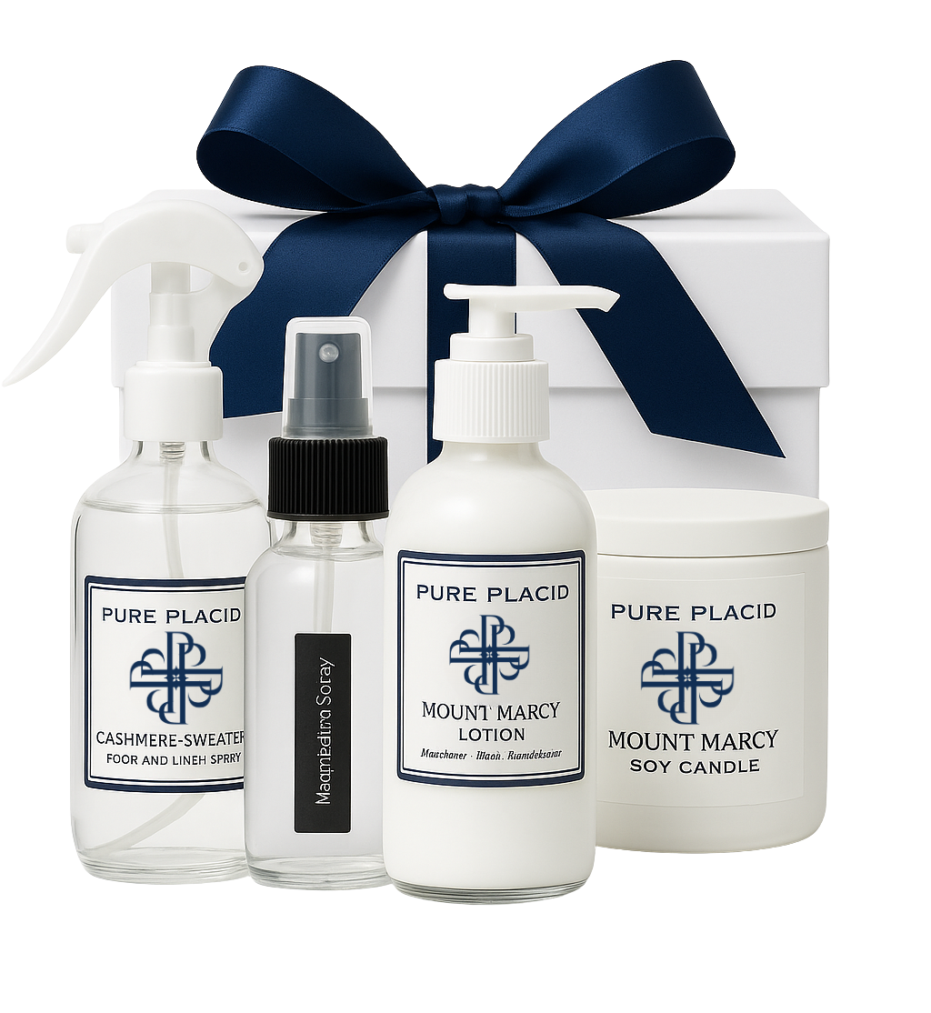 Set of Pure Placid products including a spray bottle, lotion, candle, and gift box with a blue ribbon on a white background.