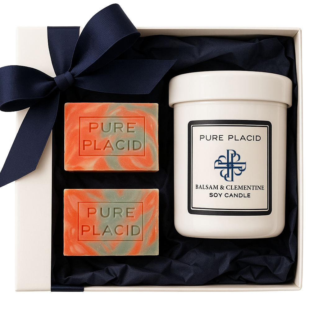 Gift set with 'PURE PLACID' candle and soap bars in a box.